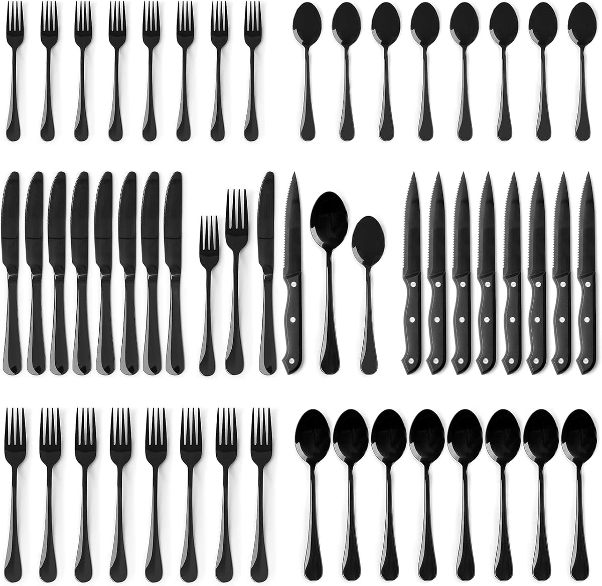 Black Silverware Set with Steak Knives Flatware Set for 4 Food-Grade Stainless Steel Cutlery Set Mirror Polished Utensils Set Include Spoons and Forks for Home Kitchen Restaurant