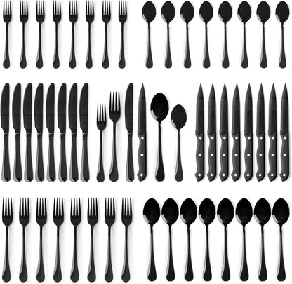 Black Silverware Set with Steak Knives Flatware Set for 4 Food-Grade Stainless Steel Cutlery Set Mirror Polished Utensils Set Include Spoons and Forks for Home Kitchen Restaurant