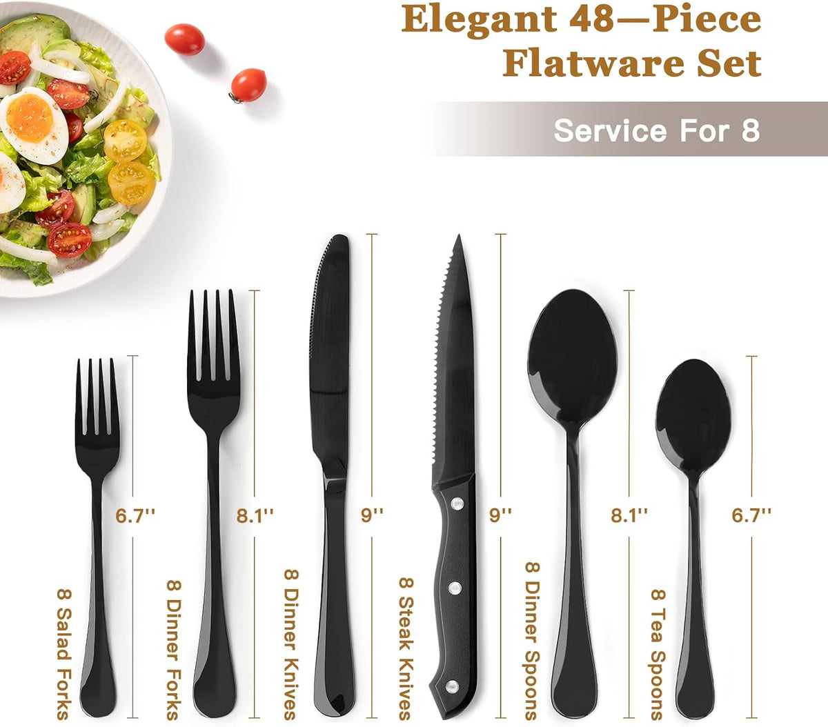 Black Silverware Set with Steak Knives Flatware Set for 4 Food-Grade Stainless Steel Cutlery Set Mirror Polished Utensils Set Include Spoons and Forks for Home Kitchen Restaurant