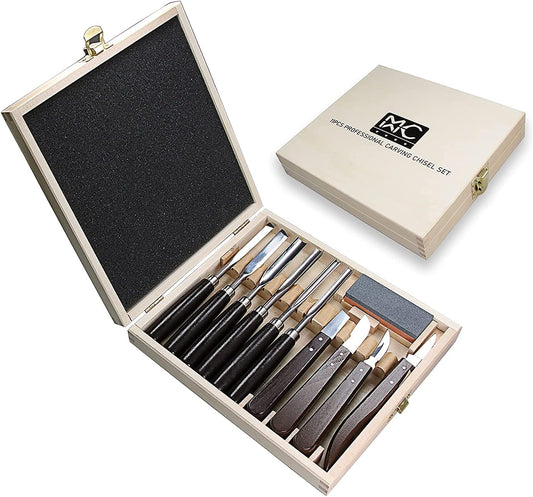 Woodworking 11 PC Carving Chisel Set with Wooden Storage Case - Gouges, Chisels and knifes for Hobbyists and Professional Wood Carving Tool