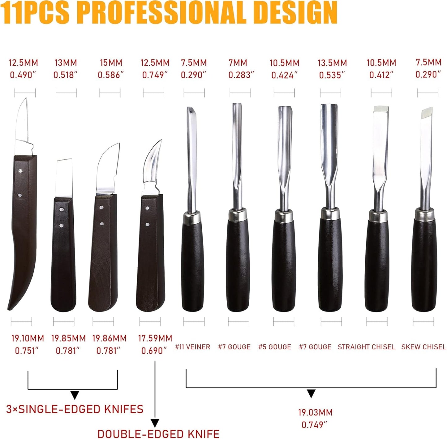 Woodworking 11 PC Carving Chisel Set with Wooden Storage Case - Gouges, Chisels and knifes for Hobbyists and Professional Wood Carving Tool