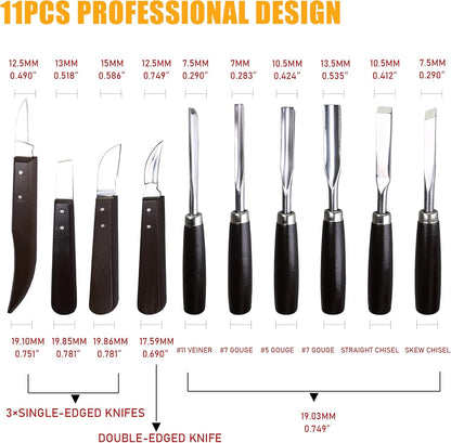 Woodworking 11 PC Carving Chisel Set with Wooden Storage Case - Gouges, Chisels and knifes for Hobbyists and Professional Wood Carving Tool
