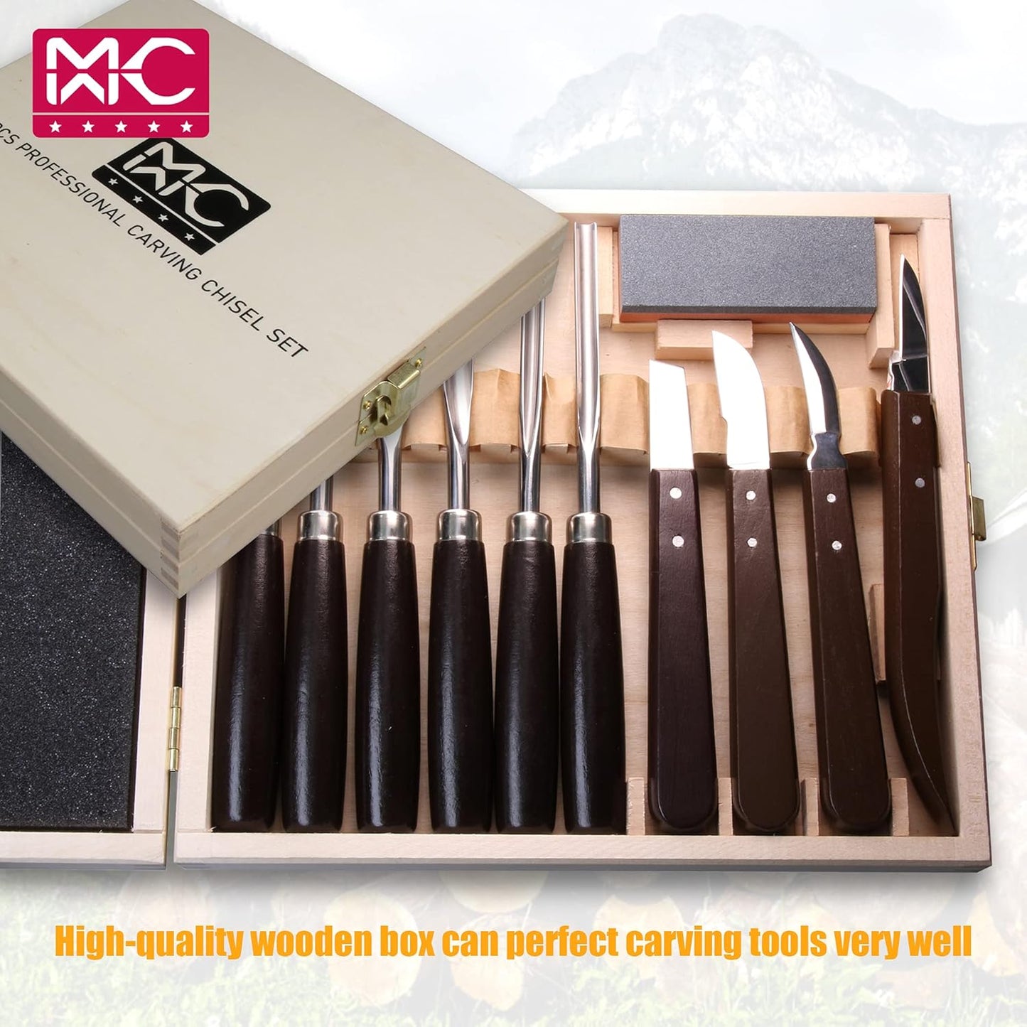 Woodworking 11 PC Carving Chisel Set with Wooden Storage Case - Gouges, Chisels and knifes for Hobbyists and Professional Wood Carving Tool