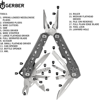 Gear Truss 17-in-1 EDC Needle Nose Pliers Multi tool - includes Pocket Knife, Screwdriver, and Bottle Opener Accessories - Gifts for Men, Fishing and Camping Gear - Gray with Standard Sheath