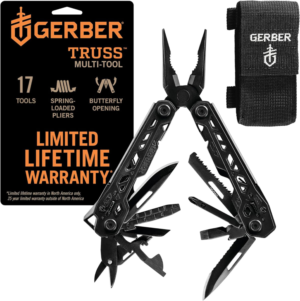 Gear Truss 17-in-1 EDC Needle Nose Pliers Multi tool - includes Pocket Knife, Screwdriver, and Bottle Opener Accessories - Gifts for Men, Fishing and Camping Gear - Gray with Standard Sheath