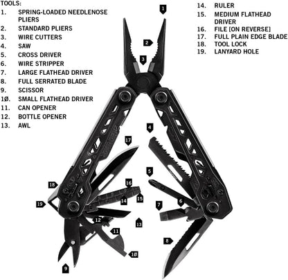 Gear Truss 17-in-1 EDC Needle Nose Pliers Multi tool - includes Pocket Knife, Screwdriver, and Bottle Opener Accessories - Gifts for Men, Fishing and Camping Gear - Gray with Standard Sheath