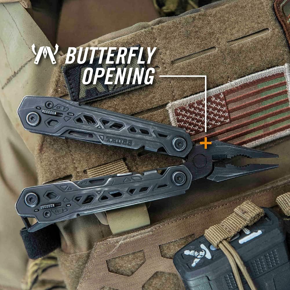 Gear Truss 17-in-1 EDC Needle Nose Pliers Multi tool - includes Pocket Knife, Screwdriver, and Bottle Opener Accessories - Gifts for Men, Fishing and Camping Gear - Gray with Standard Sheath