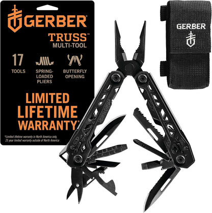 Gear Truss 17-in-1 EDC Needle Nose Pliers Multi tool - includes Pocket Knife, Screwdriver, and Bottle Opener Accessories - Gifts for Men, Fishing and Camping Gear - Gray with Standard Sheath