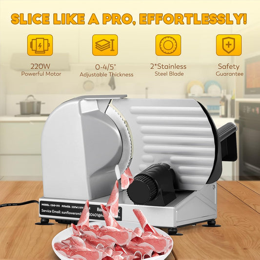 Meat Slicer, 220W Electric Deil Food Slicer with 2 Removable 7.5" Blades, 4/5" Adjustable Thickness, Food Slicer Machine for Home Cutting Meat Cheese Bread Vegetables, 110V CE