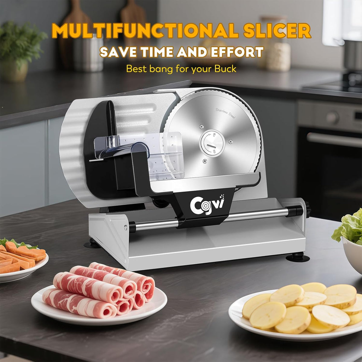 Meat Slicer, 220W Electric Deil Food Slicer with 2 Removable 7.5" Blades, 4/5" Adjustable Thickness, Food Slicer Machine for Home Cutting Meat Cheese Bread Vegetables, 110V CE