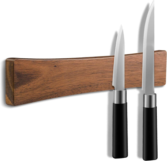 16 Inch Magnetic Knife Holder for Wall, Solid Acacia Wood Knife Magnetic Strip for Fridge, No Drill Wall Mount Knife Magnet Tool Bar, Wooden Knives Rack Block for Kitchen Utensil Organizer RV Storage