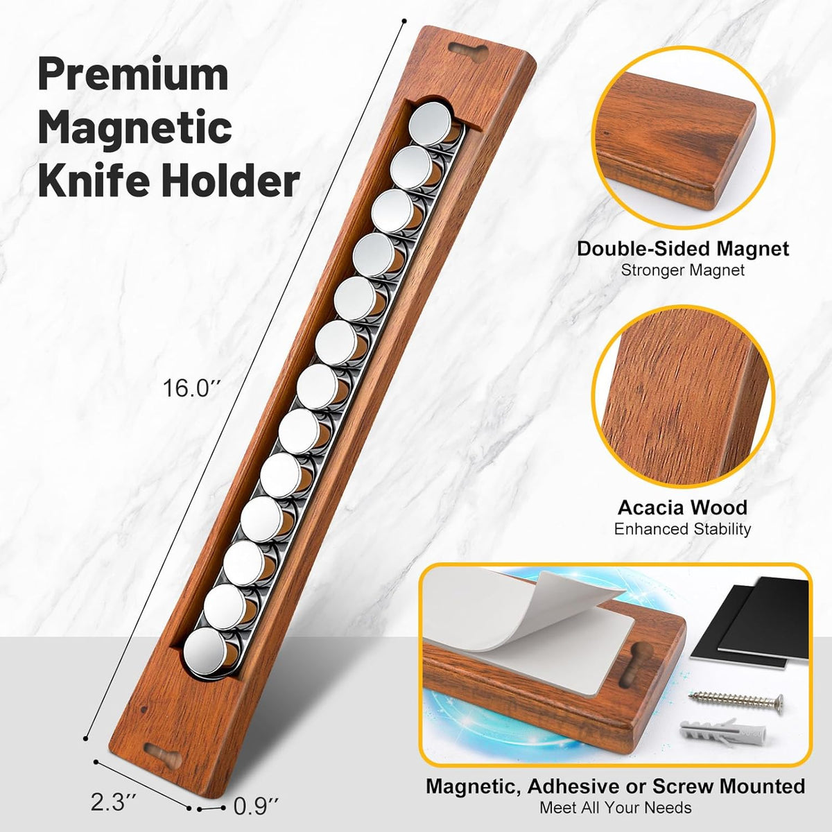 16 Inch Magnetic Knife Holder for Wall, Solid Acacia Wood Knife Magnetic Strip for Fridge, No Drill Wall Mount Knife Magnet Tool Bar, Wooden Knives Rack Block for Kitchen Utensil Organizer RV Storage