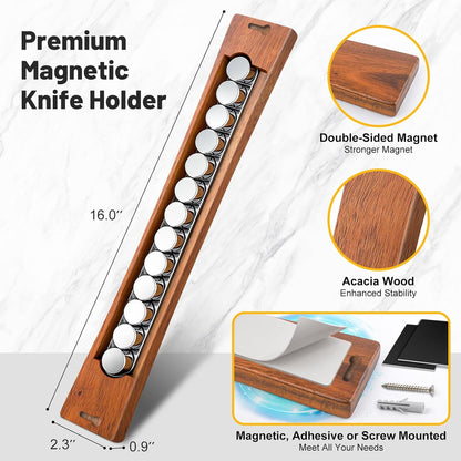 16 Inch Magnetic Knife Holder for Wall, Solid Acacia Wood Knife Magnetic Strip for Fridge, No Drill Wall Mount Knife Magnet Tool Bar, Wooden Knives Rack Block for Kitchen Utensil Organizer RV Storage