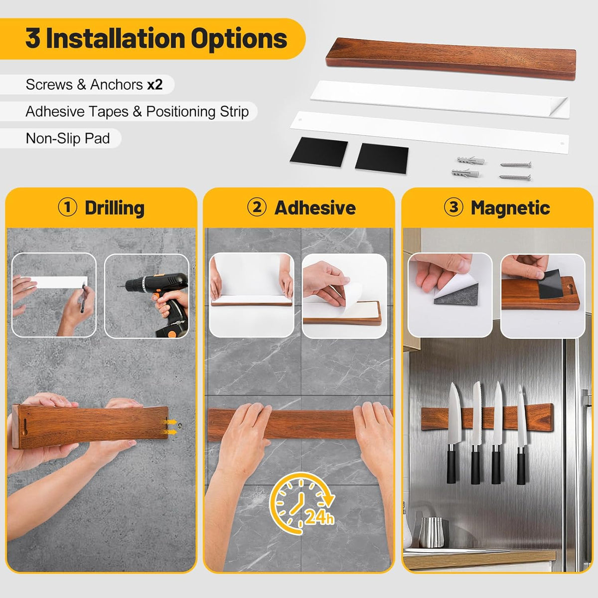 16 Inch Magnetic Knife Holder for Wall, Solid Acacia Wood Knife Magnetic Strip for Fridge, No Drill Wall Mount Knife Magnet Tool Bar, Wooden Knives Rack Block for Kitchen Utensil Organizer RV Storage