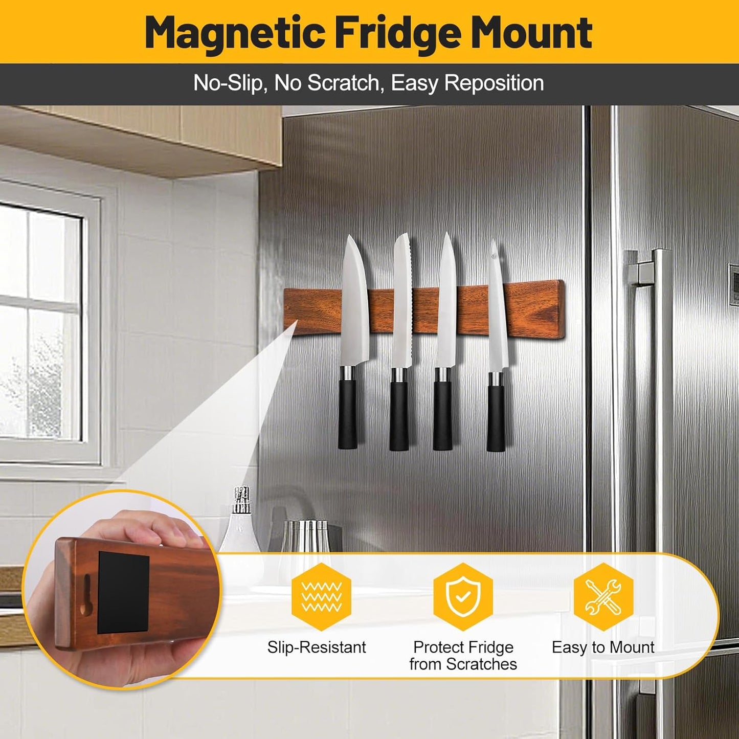 16 Inch Magnetic Knife Holder for Wall, Solid Acacia Wood Knife Magnetic Strip for Fridge, No Drill Wall Mount Knife Magnet Tool Bar, Wooden Knives Rack Block for Kitchen Utensil Organizer RV Storage