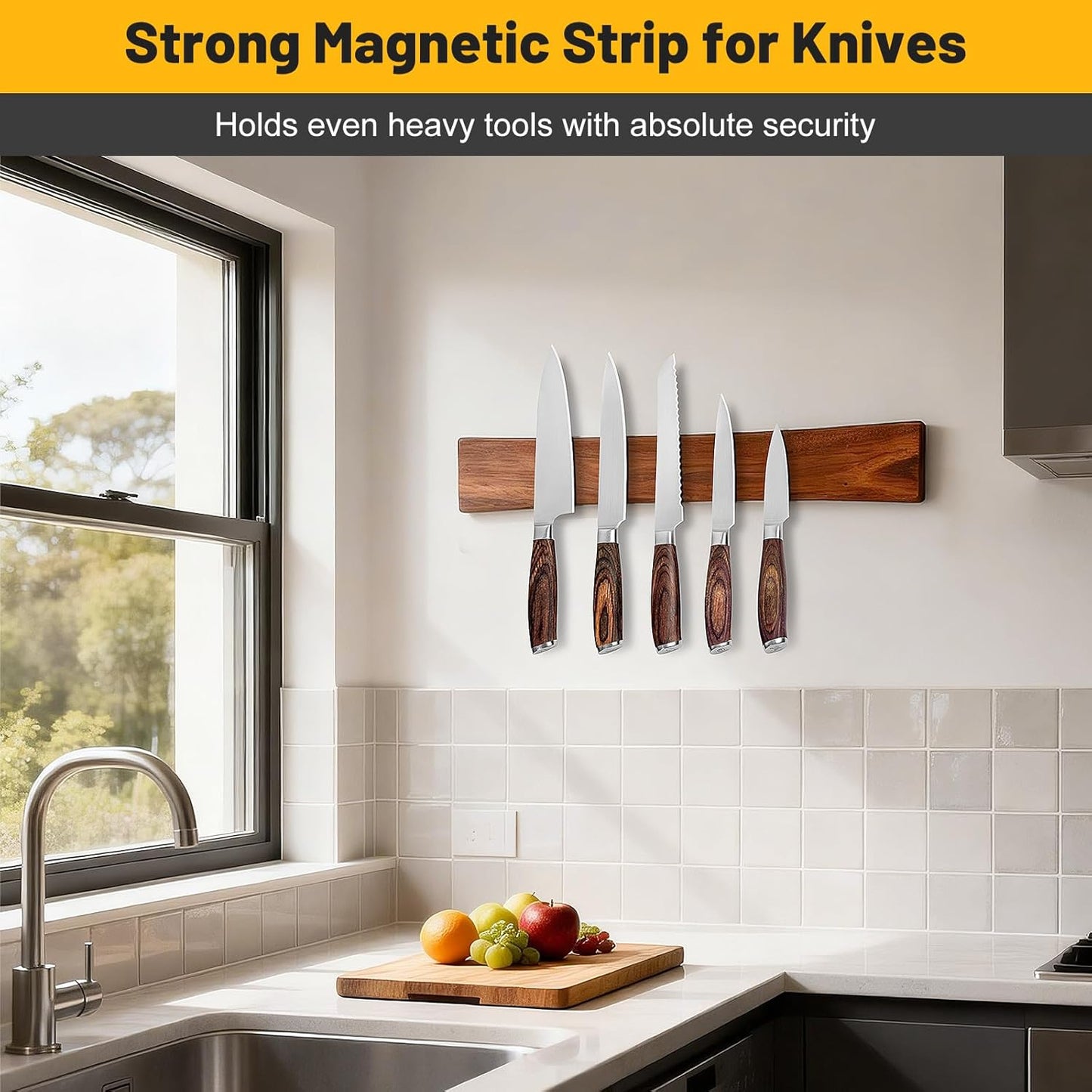 16 Inch Magnetic Knife Holder for Wall, Solid Acacia Wood Knife Magnetic Strip for Fridge, No Drill Wall Mount Knife Magnet Tool Bar, Wooden Knives Rack Block for Kitchen Utensil Organizer RV Storage