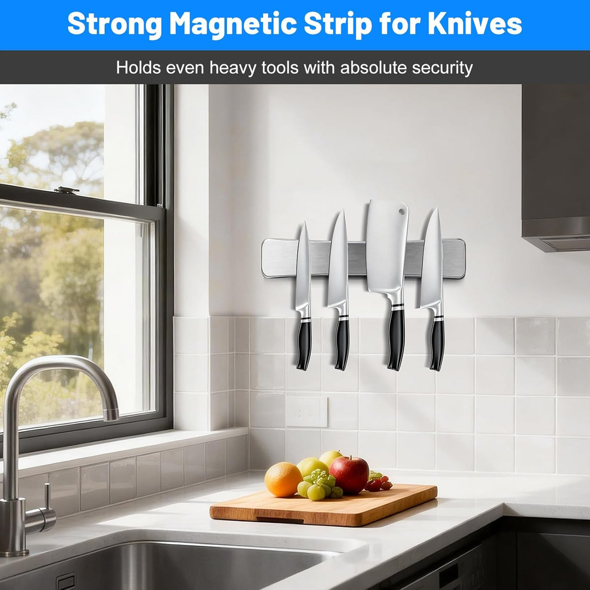 16 Inch Magnetic Knife Holder for Wall, Solid Acacia Wood Knife Magnetic Strip for Fridge, No Drill Wall Mount Knife Magnet Tool Bar, Wooden Knives Rack Block for Kitchen Utensil Organizer RV Storage