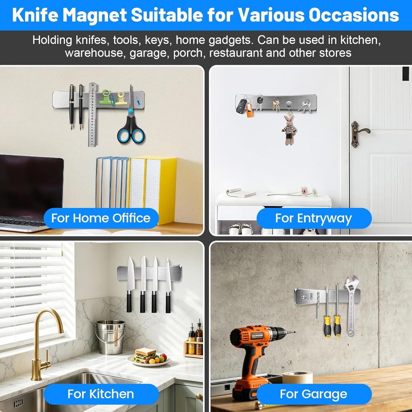 16 Inch Magnetic Knife Holder for Wall, Solid Acacia Wood Knife Magnetic Strip for Fridge, No Drill Wall Mount Knife Magnet Tool Bar, Wooden Knives Rack Block for Kitchen Utensil Organizer RV Storage