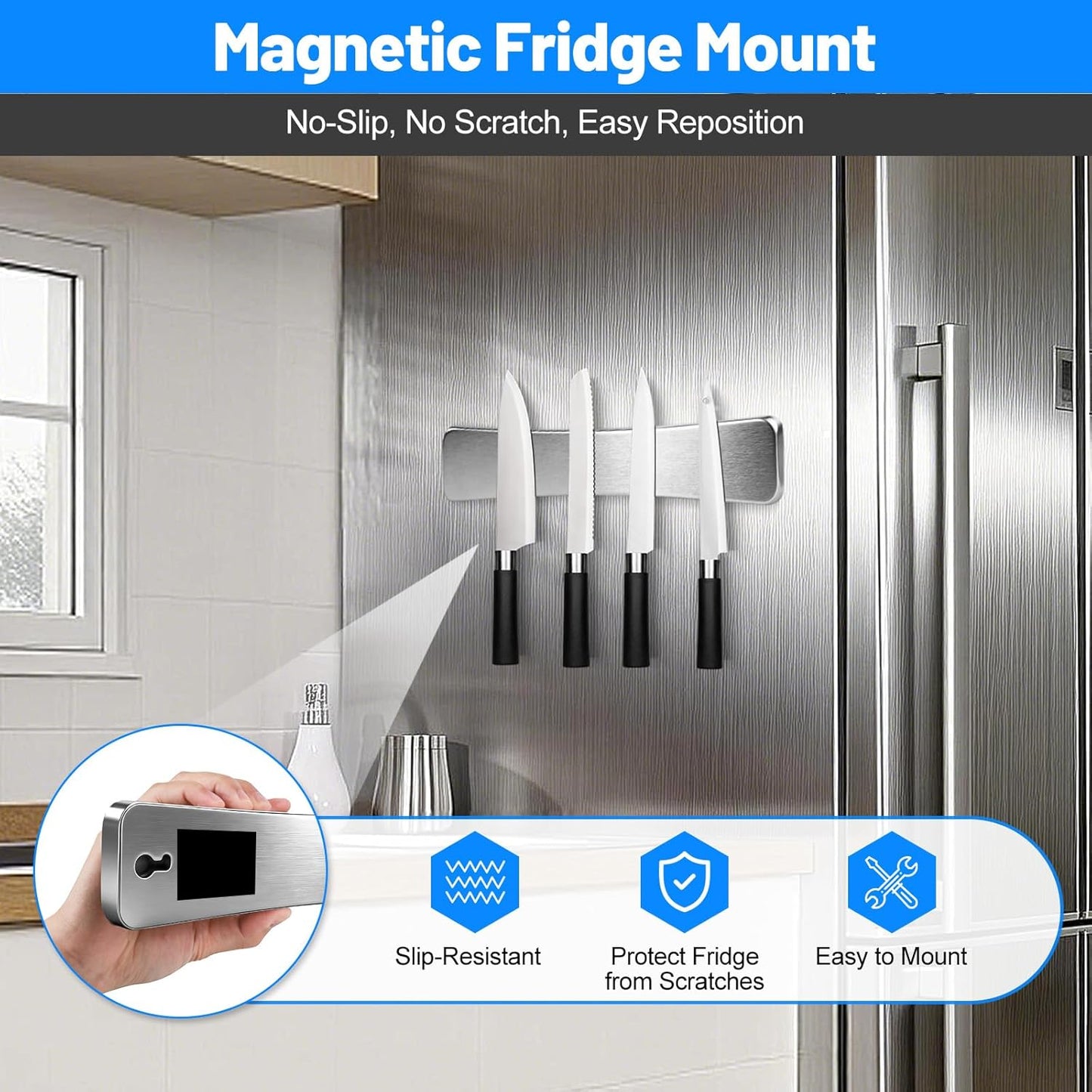 16 Inch Magnetic Knife Holder for Wall, Solid Acacia Wood Knife Magnetic Strip for Fridge, No Drill Wall Mount Knife Magnet Tool Bar, Wooden Knives Rack Block for Kitchen Utensil Organizer RV Storage