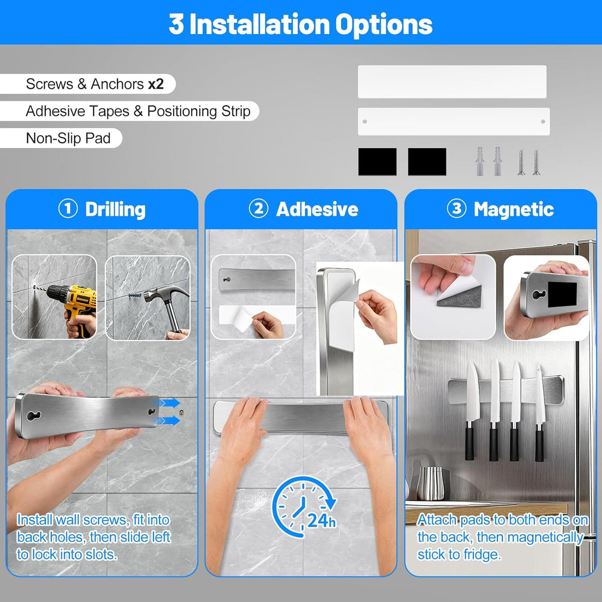 16 Inch Magnetic Knife Holder for Wall, Solid Acacia Wood Knife Magnetic Strip for Fridge, No Drill Wall Mount Knife Magnet Tool Bar, Wooden Knives Rack Block for Kitchen Utensil Organizer RV Storage