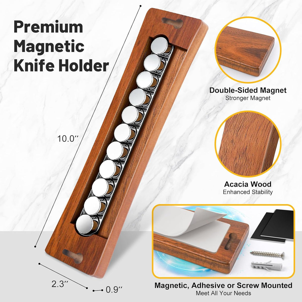 16 Inch Magnetic Knife Holder for Wall, Solid Acacia Wood Knife Magnetic Strip for Fridge, No Drill Wall Mount Knife Magnet Tool Bar, Wooden Knives Rack Block for Kitchen Utensil Organizer RV Storage