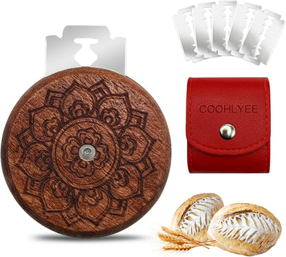 Artisan UFO Bread Lame for Sourdough Bread Baking, Premium Wooden Sourdough Scoring Tool with CNC Engraved Design, 5 Replaceable Razor Blades & PU Storage Case for Home Bakers Lovers Gifts