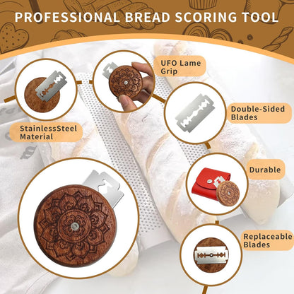 Artisan UFO Bread Lame for Sourdough Bread Baking, Premium Wooden Sourdough Scoring Tool with CNC Engraved Design, 5 Replaceable Razor Blades & PU Storage Case for Home Bakers Lovers Gifts