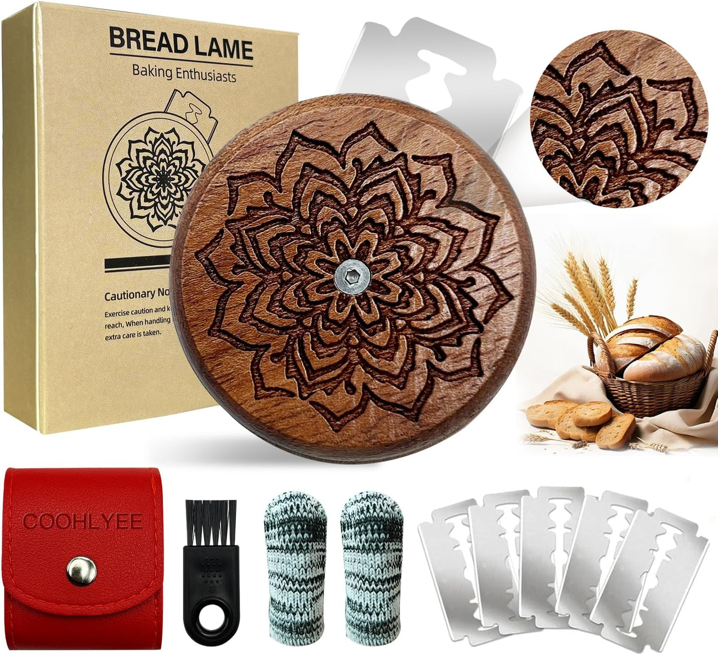 Artisan UFO Bread Lame for Sourdough Bread Baking, Premium Wooden Sourdough Scoring Tool with CNC Engraved Design, 5 Replaceable Razor Blades & PU Storage Case for Home Bakers Lovers Gifts