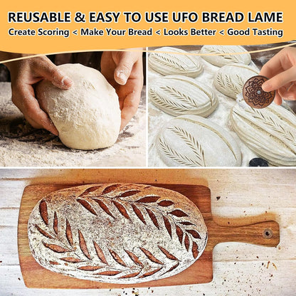 Artisan UFO Bread Lame for Sourdough Bread Baking, Premium Wooden Sourdough Scoring Tool with CNC Engraved Design, 5 Replaceable Razor Blades & PU Storage Case for Home Bakers Lovers Gifts