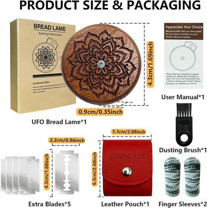 Artisan UFO Bread Lame for Sourdough Bread Baking, Premium Wooden Sourdough Scoring Tool with CNC Engraved Design, 5 Replaceable Razor Blades & PU Storage Case for Home Bakers Lovers Gifts
