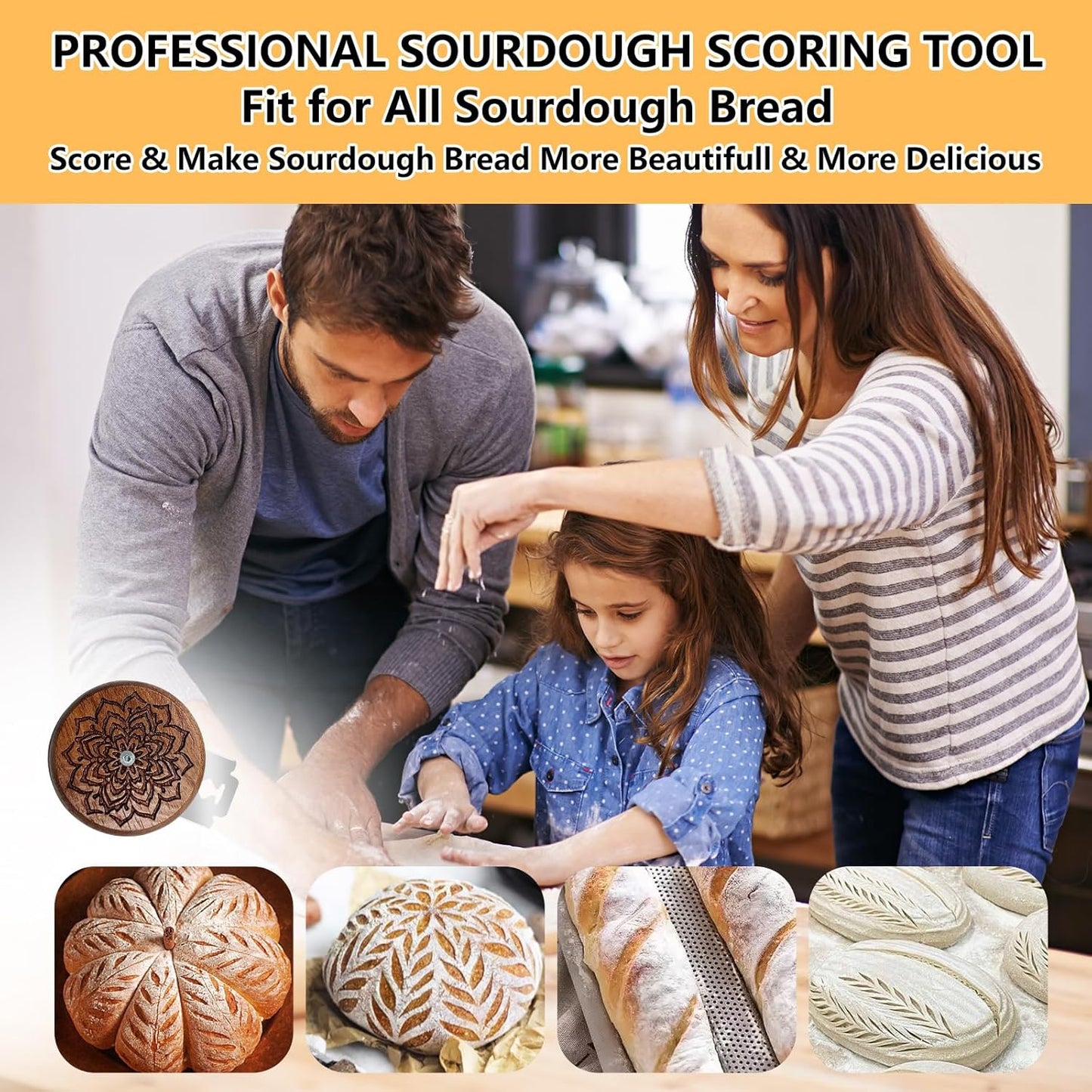 Artisan UFO Bread Lame for Sourdough Bread Baking, Premium Wooden Sourdough Scoring Tool with CNC Engraved Design, 5 Replaceable Razor Blades & PU Storage Case for Home Bakers Lovers Gifts