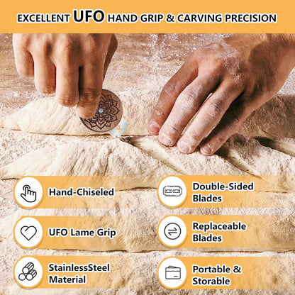 Artisan UFO Bread Lame for Sourdough Bread Baking, Premium Wooden Sourdough Scoring Tool with CNC Engraved Design, 5 Replaceable Razor Blades & PU Storage Case for Home Bakers Lovers Gifts