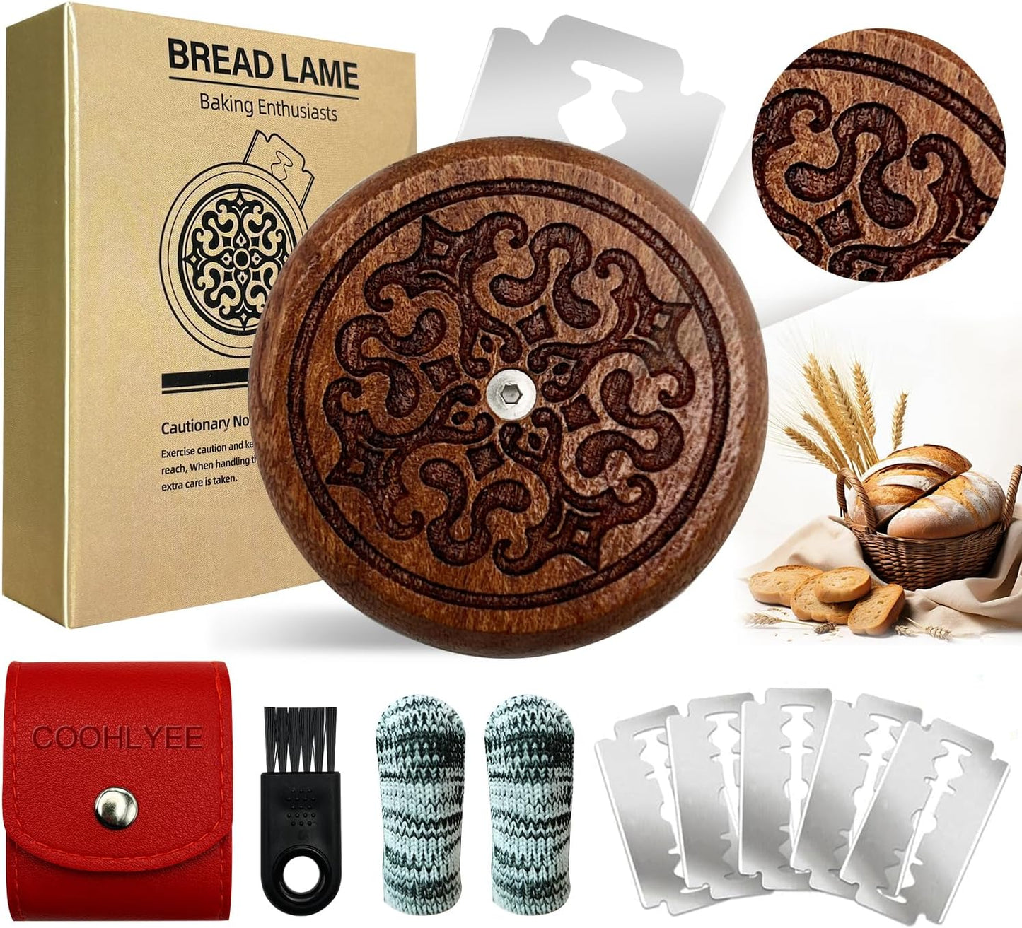 Artisan UFO Bread Lame for Sourdough Bread Baking, Premium Wooden Sourdough Scoring Tool with CNC Engraved Design, 5 Replaceable Razor Blades & PU Storage Case for Home Bakers Lovers Gifts