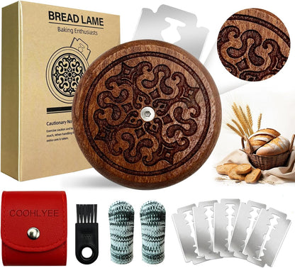 Artisan UFO Bread Lame for Sourdough Bread Baking, Premium Wooden Sourdough Scoring Tool with CNC Engraved Design, 5 Replaceable Razor Blades & PU Storage Case for Home Bakers Lovers Gifts