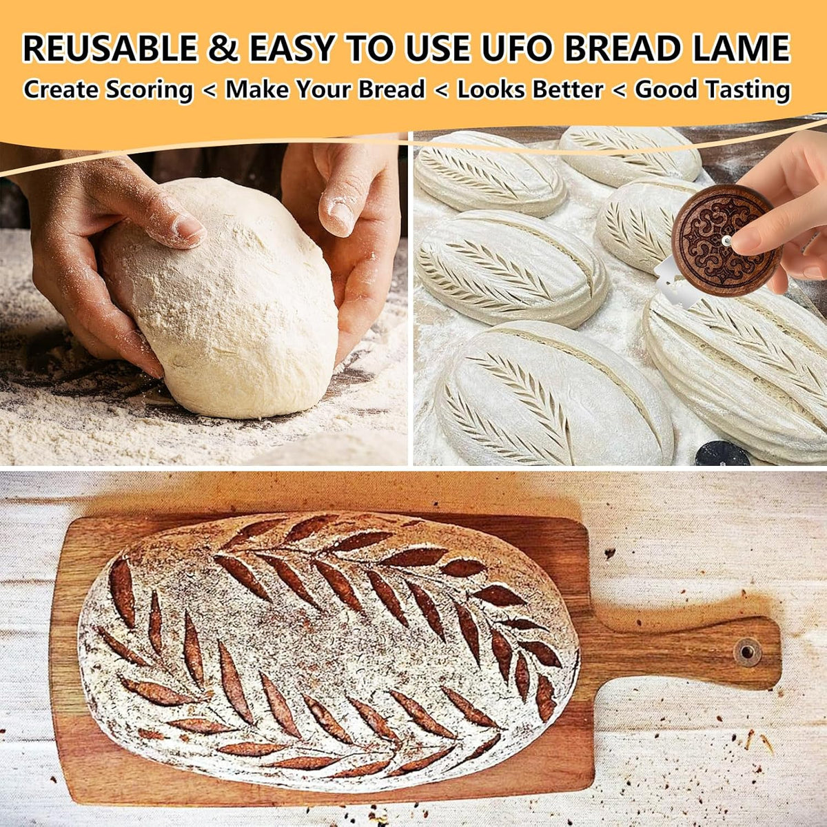 Artisan UFO Bread Lame for Sourdough Bread Baking, Premium Wooden Sourdough Scoring Tool with CNC Engraved Design, 5 Replaceable Razor Blades & PU Storage Case for Home Bakers Lovers Gifts