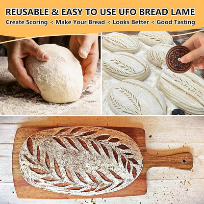 Artisan UFO Bread Lame for Sourdough Bread Baking, Premium Wooden Sourdough Scoring Tool with CNC Engraved Design, 5 Replaceable Razor Blades & PU Storage Case for Home Bakers Lovers Gifts