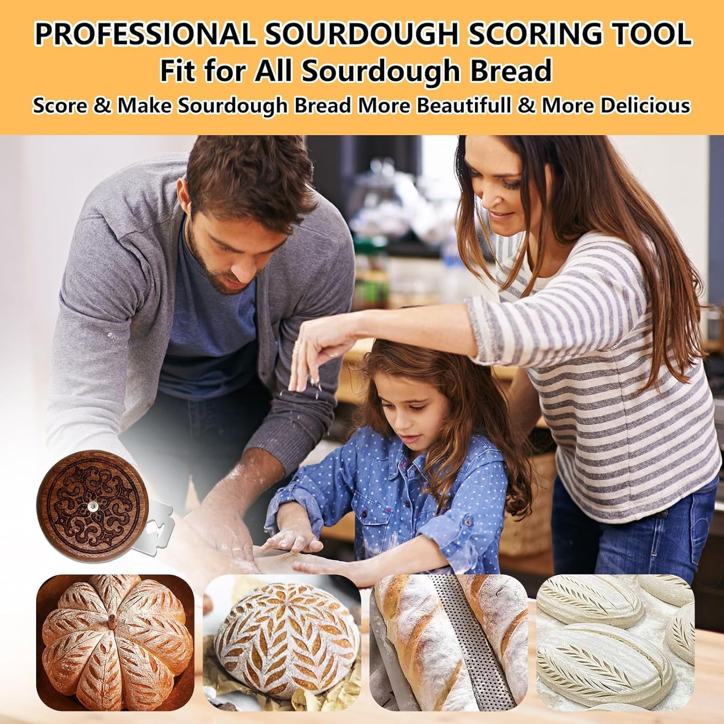 Artisan UFO Bread Lame for Sourdough Bread Baking, Premium Wooden Sourdough Scoring Tool with CNC Engraved Design, 5 Replaceable Razor Blades & PU Storage Case for Home Bakers Lovers Gifts
