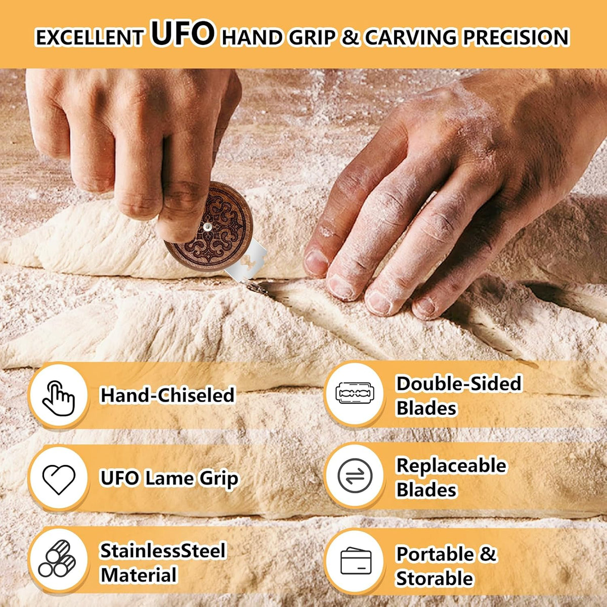Artisan UFO Bread Lame for Sourdough Bread Baking, Premium Wooden Sourdough Scoring Tool with CNC Engraved Design, 5 Replaceable Razor Blades & PU Storage Case for Home Bakers Lovers Gifts