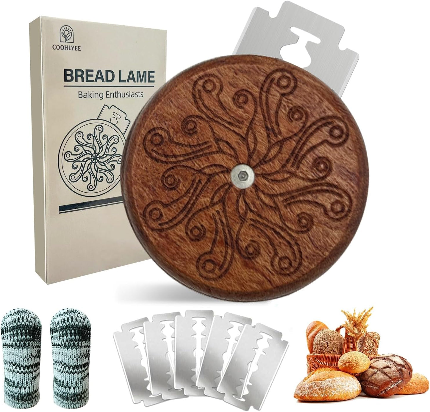 Artisan UFO Bread Lame for Sourdough Bread Baking, Premium Wooden Sourdough Scoring Tool with CNC Engraved Design, 5 Replaceable Razor Blades & PU Storage Case for Home Bakers Lovers Gifts