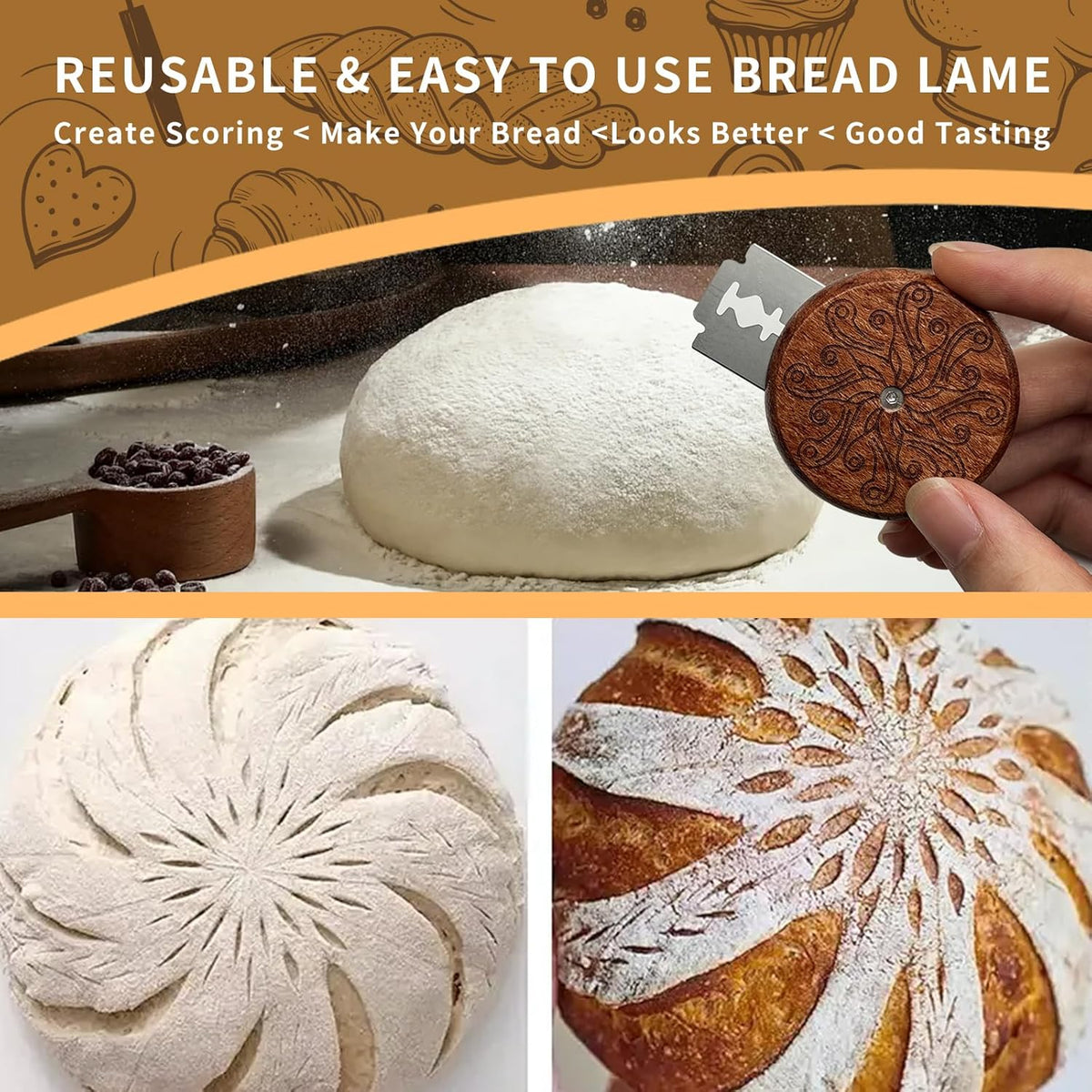 Artisan UFO Bread Lame for Sourdough Bread Baking, Premium Wooden Sourdough Scoring Tool with CNC Engraved Design, 5 Replaceable Razor Blades & PU Storage Case for Home Bakers Lovers Gifts