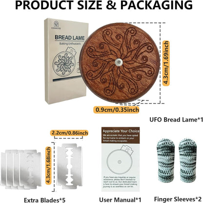 Artisan UFO Bread Lame for Sourdough Bread Baking, Premium Wooden Sourdough Scoring Tool with CNC Engraved Design, 5 Replaceable Razor Blades & PU Storage Case for Home Bakers Lovers Gifts