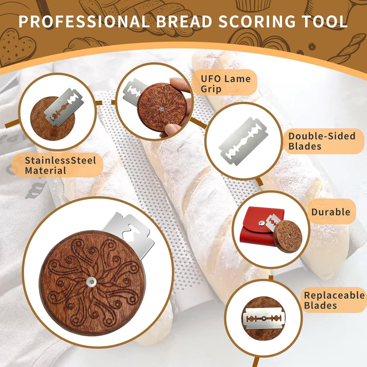Artisan UFO Bread Lame for Sourdough Bread Baking, Premium Wooden Sourdough Scoring Tool with CNC Engraved Design, 5 Replaceable Razor Blades & PU Storage Case for Home Bakers Lovers Gifts