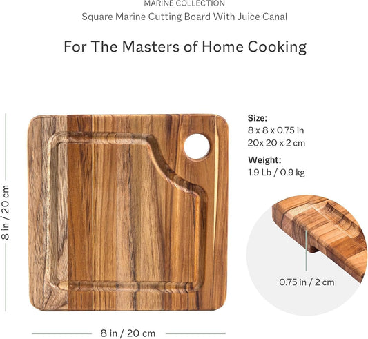 Teak Cutting Board - Square Board With Corner Hole And Juice Canal (8 x 8 x .75 in.)