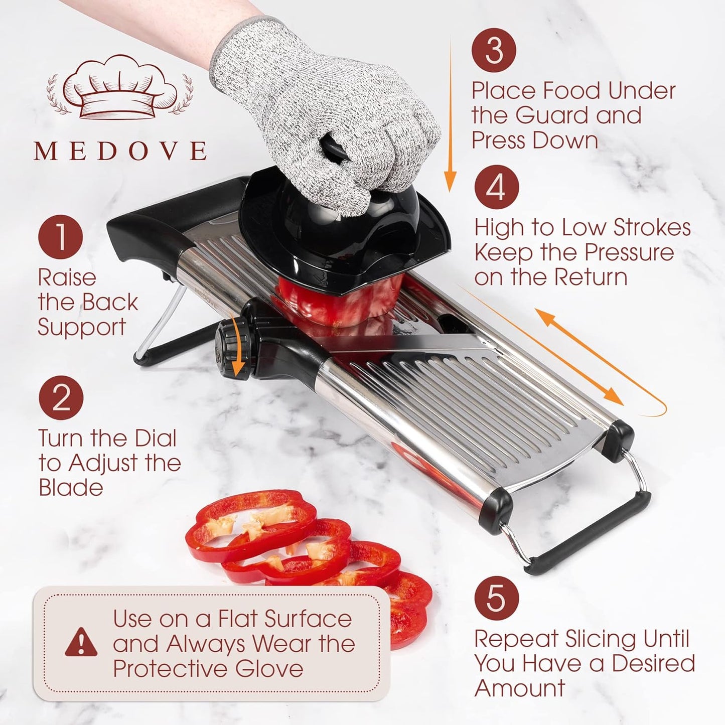 Stainless Steel Mandoline Slicer for Kitchen – 6-Setting Adjustable, 16.5 x 5 In. Platform, Hand Guard, Cut-Resistant Gloves – Vegetable Chopper, Meat Slicer, Cheese Slicer
