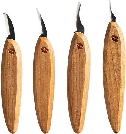 Premium Series Wood Carving Tool Set, 4-Piece Kit with Cutting, Detail, Pelican, and Mini-Pelican Knives Plus Tool Roll, Ergonomic Cherry Wood Handles, USA Made