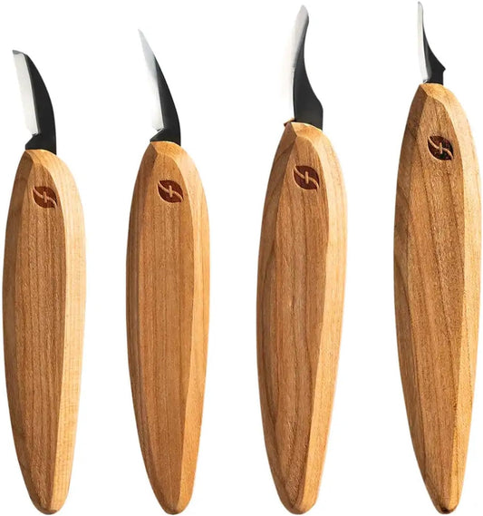 Premium Series Wood Carving Tool Set, 4-Piece Kit with Cutting, Detail, Pelican, and Mini-Pelican Knives Plus Tool Roll, Ergonomic Cherry Wood Handles, USA Made