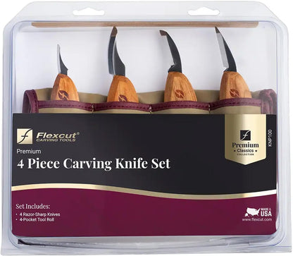 Premium Series Wood Carving Tool Set, 4-Piece Kit with Cutting, Detail, Pelican, and Mini-Pelican Knives Plus Tool Roll, Ergonomic Cherry Wood Handles, USA Made