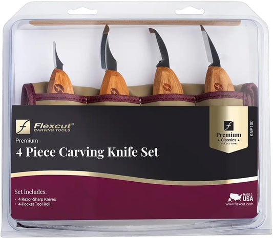 Premium Series Wood Carving Tool Set, 4-Piece Kit with Cutting, Detail, Pelican, and Mini-Pelican Knives Plus Tool Roll, Ergonomic Cherry Wood Handles, USA Made