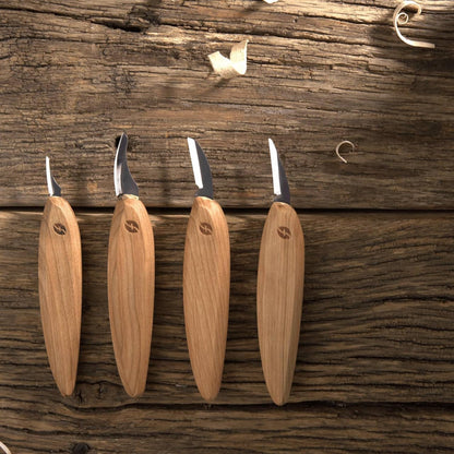 Premium Series Wood Carving Tool Set, 4-Piece Kit with Cutting, Detail, Pelican, and Mini-Pelican Knives Plus Tool Roll, Ergonomic Cherry Wood Handles, USA Made