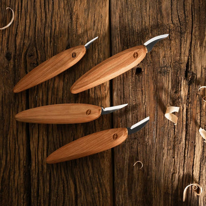Premium Series Wood Carving Tool Set, 4-Piece Kit with Cutting, Detail, Pelican, and Mini-Pelican Knives Plus Tool Roll, Ergonomic Cherry Wood Handles, USA Made